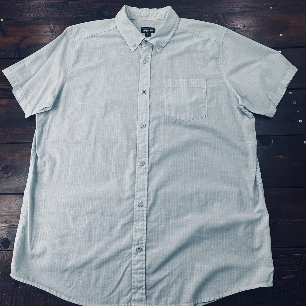 Patagonia Mens XL Worn Wear  Shirt Ticking Stripe Organic Cotton Blend Lt Blue - Picture 9 of 10